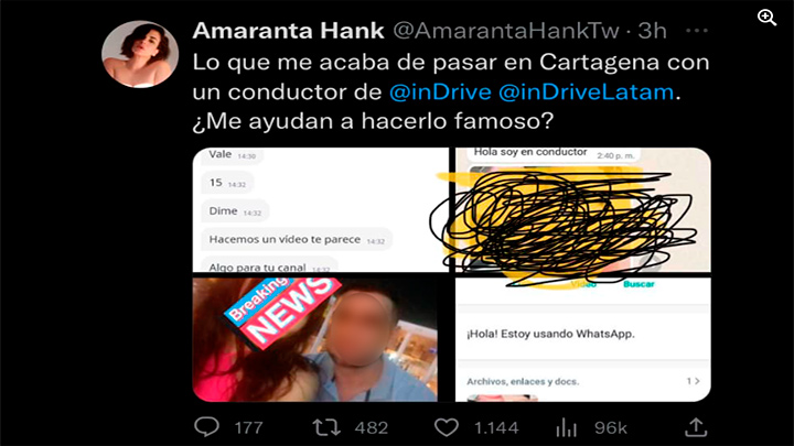 Actriz Amaranta Hank denunció acoso de un conductor de InDriver en Cartagena