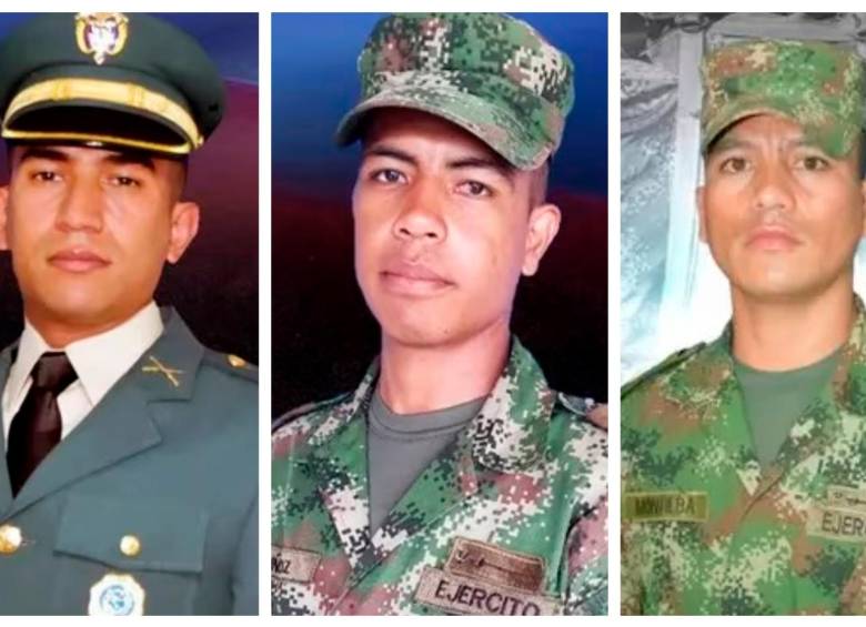 Estos son los tres soldados muertos: teniente Andrés Felipe Ochoa (izq.), soldado Henry Muñoz (centro) y soldado Deimer Montilva (der.). FOTO: CORTESÍA