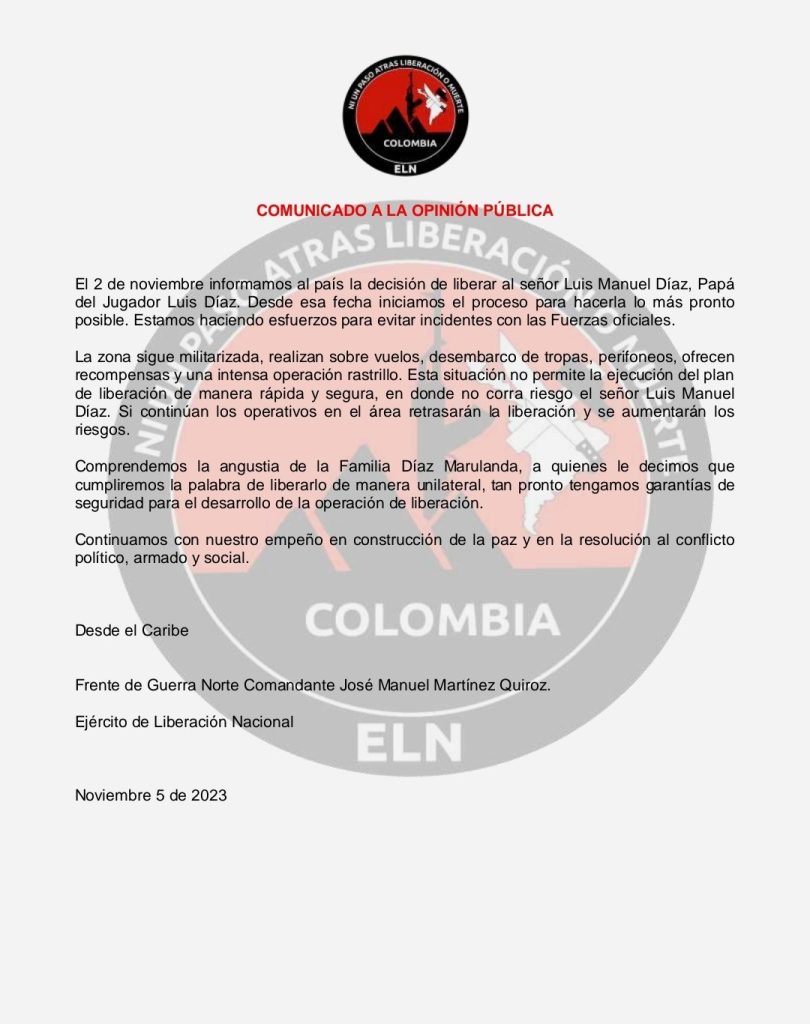 Las condiciones que pone el ELN para la liberación de Luis "Mane" Díaz