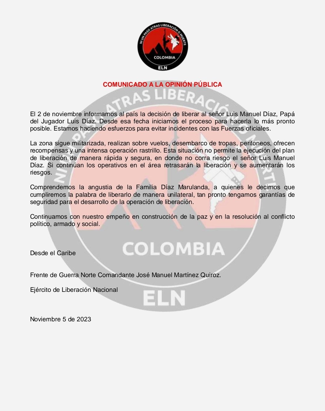 Las condiciones que pone el ELN para la liberación de Luis "Mane" Díaz