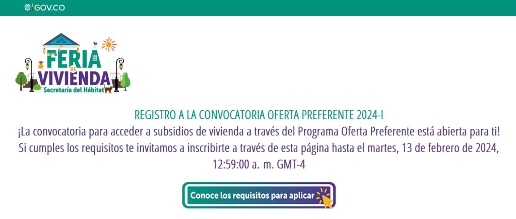 REGISTRO A LA CONVOCATORIA OFERTA PREFERENTE 2024-I Foto: Captura de pantalla de suav.habitatbogota.gov.co
