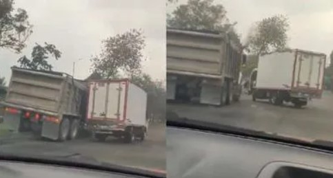 Dos camiones de carga protagonizaron peligroso duelo en autopista de Bogotá
