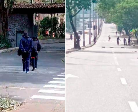 La presencia de encapuchados también se extendió a las afueras del campus. Foto: El Colombiano