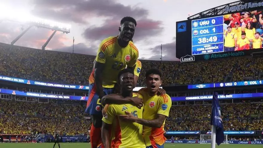 Colombia celebrando el tanto del triunfo ante Uruguay en la semifinal de la Copa América 2024 Foto: AFP