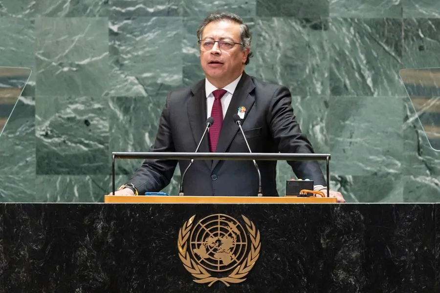 El presidente de Colombia, Gustavo Petro, habla durante el Debate General del 79º periodo de sesiones de la Asamblea General de la ONU, el 23 de septiembre. EFE/EPA/Olga Fedorova