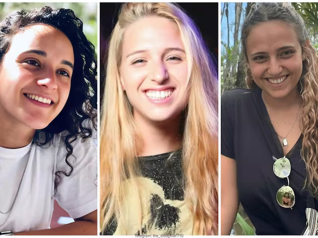 Las tres primeras secuestradas liberadas por Hamás: Emily Damari (i), Doron Steinbrecher (c) y Romi Gonen (d). (Foto: Cortesía / Caracol Radio)