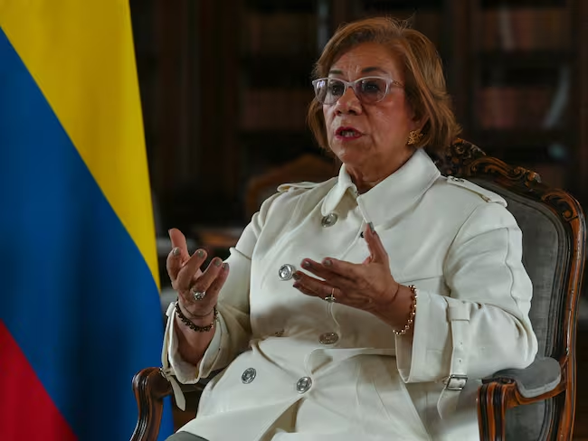 Colombia's Foreign Minister Rosa Yolanda Villavicencio gestures during an interview with AFP at San Carlos Palace in Bogota, on September 19, 2025. Colombia on Friday blasted the United States' "excessive" military presence in the Caribbean as destabilizing for all Latin America, a sharp rebuke from one of Washington's oldest regional allies. Rosa Villavicencio told AFP that the US deployment of several warships off Venezuela was "disproportionate" and the threat of military intervention was rattling the region. (Photo by Luis ACOSTA / AFP) / LUIS ACOSTA