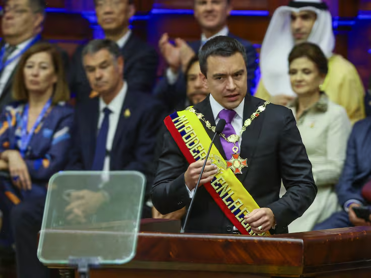 QUITO, ECUADOR - MAY 24: President of Ecuador Daniel Noboa gives a speech during the presidential inauguration at National Assembly building on May 24, 2025 in Quito, Ecuador. Noboa inaugurates his first complete 4-year term after serving 17 months in office due to President Guillermo Lasso "cross death" call to dissolve parliament and early elections. (Photo by Franklin Jacome/Getty Images) / Franklin Jacome
