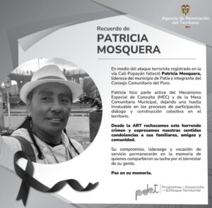 Lideresa social Patricia Mosquera es una de las víctimas mortales del ataque de disidencias en Cajibío