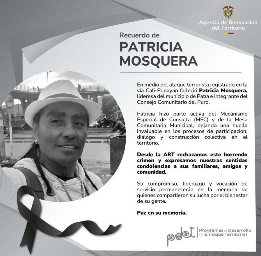 Lideresa social Patricia Mosquera es una de las víctimas mortales del ataque de disidencias en Cajibío