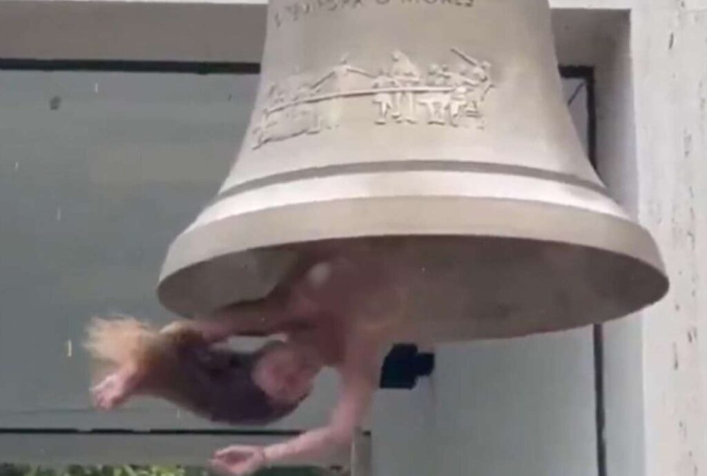 Artista austriaca se cuelga semidesnuda de una campana para protestar contra la crisis climática